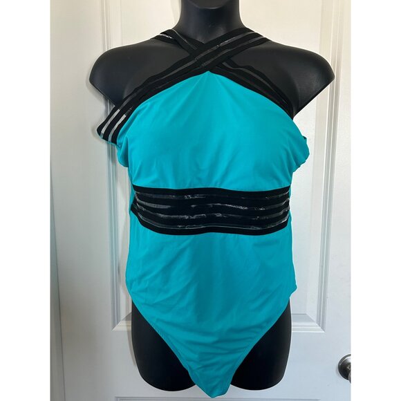 Crisscross Halter Teal One-Piece Swimsuit With Black Stripes & Back Clasp Closur - Picture 2 of 12